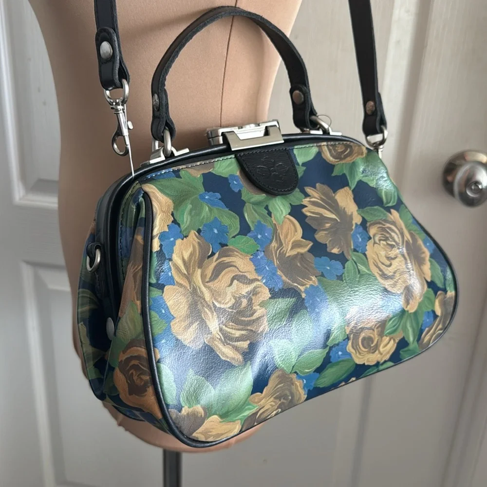 Patricia Nash Gracchi Frame Leather Blue Sky Rose Handbag Xbody Floral Blue